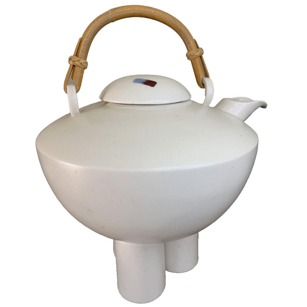 Sculptural Pottery Teapot Post Modern Geometric Tri Cylander Base Bamboo handle